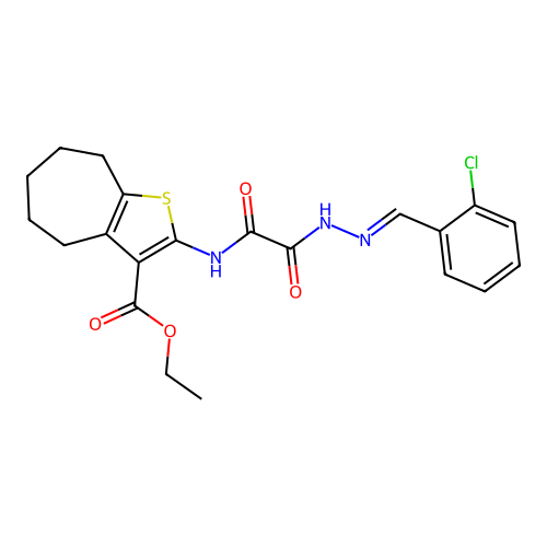 (E)-ethyl 2-(2-(2-(2-chlorobenzylidene)hydrazinyl)-2-oxoacetamido)-5,6,7,8-tetrahydro-4H-cyclohepta[b]thiophene-3-carboxylate structure