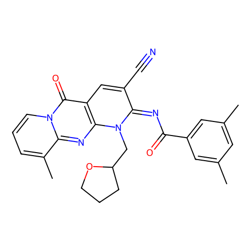 (E)-N-(3-cyano-10-methyl-5-oxo-1-((tetrahydrofuran-2-yl)methyl)-1H-dipyrido[1,2-a:2',3'-d]pyrimidin-2(5H)-ylidene)-3,5-dimethylbenzamide structure