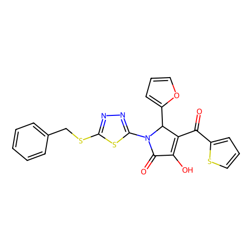 (4E)-1-[5-(benzylsulfanyl)-1,3,4-thiadiazol-2-yl]-5-(furan-2-yl)-4-[hydroxy(thiophen-2-yl)methylidene]pyrrolidine-2,3-dione structure