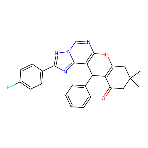 2-(4-fluorophenyl)-9,9-dimethyl-12-phenyl-8,9,10,12-tetrahydro-11H-chromeno[3,2-e][1,2,4]triazolo[1,5-c]pyrimidin-11-one structure