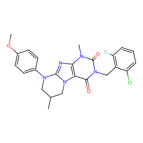 3-(2-chloro-6-fluorobenzyl)-9-(4-methoxyphenyl)-1,7-dimethyl-6,7,8,9-tetrahydropyrimido[2,1-f]purine-2,4(1H,3H)-dione structure