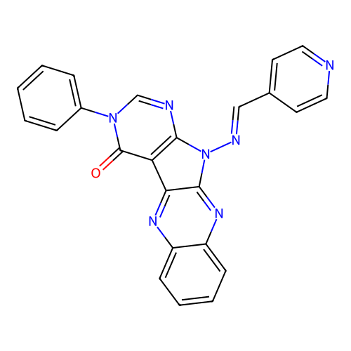 (E)-3-phenyl-11-((pyridin-4-ylmethylene)amino)-3H-pyrimido[5',4':4,5]pyrrolo[2,3-b]quinoxalin-4(11H)-one structure