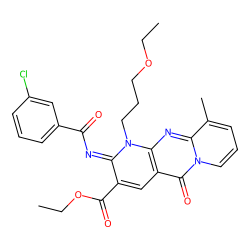 (Z)-ethyl 2-((3-chlorobenzoyl)imino)-1-(3-ethoxypropyl)-10-methyl-5-oxo-2,5-dihydro-1H-dipyrido[1,2-a:2',3'-d]pyrimidine-3-carboxylate structure