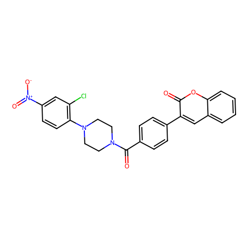 3-(4-{[4-(2-chloro-4-nitrophenyl)piperazin-1-yl]carbonyl}phenyl)-2H-chromen-2-one structure