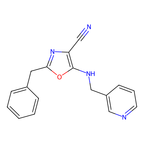 2-Benzyl-5-[(pyridin-3-ylmethyl)amino]-1,3-oxazole-4-carbonitrile structure