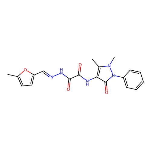 (E)-N-(1,5-dimethyl-3-oxo-2-phenyl-2,3-dihydro-1H-pyrazol-4-yl)-2-(2-((5-methylfuran-2-yl)methylene)hydrazinyl)-2-oxoacetamide structure