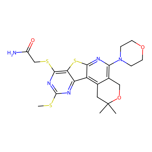 2-((2,2-dimethyl-10-(methylthio)-5-morpholino-2,4-dihydro-1H-pyrano[4'',3'':4',5']pyrido[3',2':4,5]thieno[3,2-d]pyrimidin-8-yl)thio)acetamide structure
