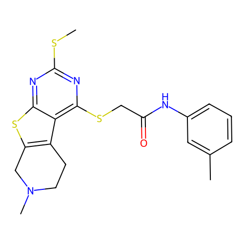 2-((7-methyl-2-(methylthio)-5,6,7,8-tetrahydropyrido[4',3':4,5]thieno[2,3-d]pyrimidin-4-yl)thio)-N-(m-tolyl)acetamide structure