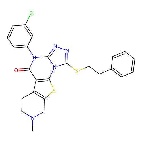 4-(3-chlorophenyl)-8-methyl-1-(phenethylthio)-6,7,8,9-tetrahydropyrido[4',3':4,5]thieno[3,2-e][1,2,4]triazolo[4,3-a]pyrimidin-5(4H)-one structure