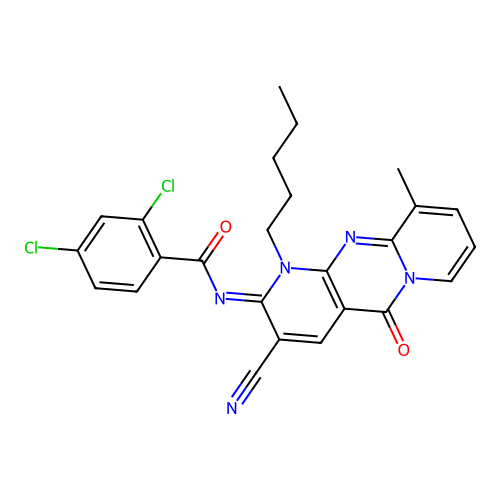 (E)-2,4-dichloro-N-(3-cyano-10-methyl-5-oxo-1-pentyl-1H-dipyrido[1,2-a:2',3'-d]pyrimidin-2(5H)-ylidene)benzamide structure