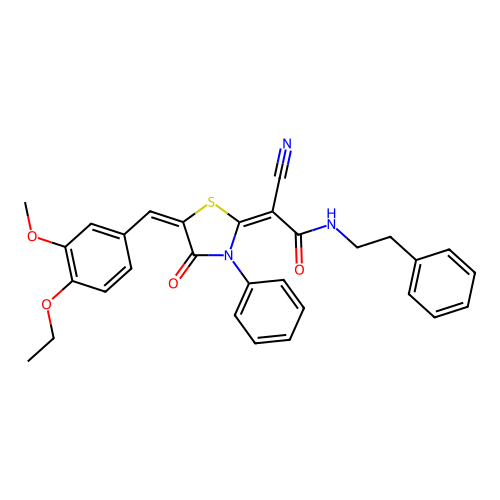 (2E)-2-cyano-2-[(5E)-5-[(4-ethoxy-3-methoxyphenyl)methylidene]-4-oxo-3-phenyl-1,3-thiazolidin-2-ylidene]-N-phenethylacetamide structure