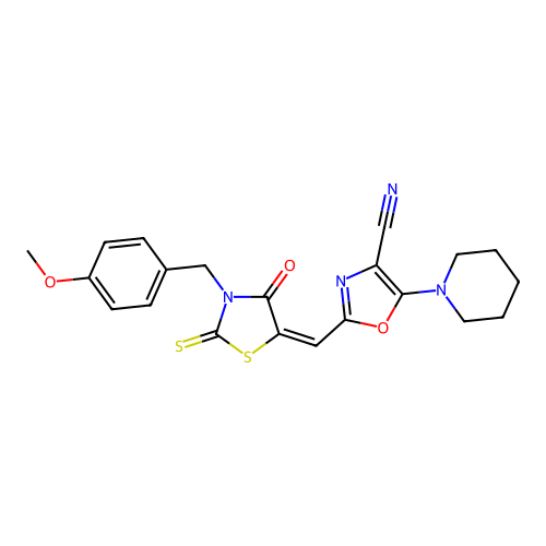 (E)-2-((3-(4-methoxybenzyl)-4-oxo-2-thioxothiazolidin-5-ylidene)methyl)-5-(piperidin-1-yl)oxazole-4-carbonitrile structure