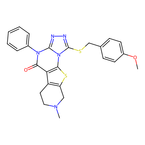1-((4-methoxybenzyl)thio)-8-methyl-4-phenyl-6,7,8,9-tetrahydropyrido[4',3':4,5]thieno[3,2-e][1,2,4]triazolo[4,3-a]pyrimidin-5(4H)-one structure