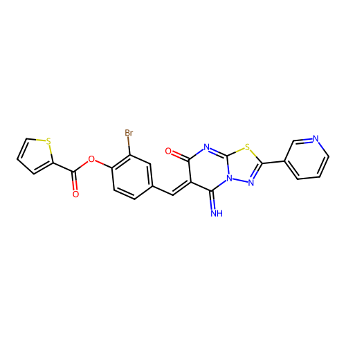 (Z)-2-bromo-4-((5-imino-7-oxo-2-(pyridin-3-yl)-5H-[1,3,4]thiadiazolo[3,2-a]pyrimidin-6(7H)-ylidene)methyl)phenyl thiophene-2-carboxylate structure