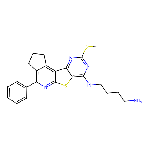 N-[9-(methylsulfanyl)-4-phenyl-2,3-dihydro-1H-cyclopenta[4',5']pyrido[3',2':4,5]thieno[3,2-d]pyrimidin-7-yl]butane-1,4-diamine structure