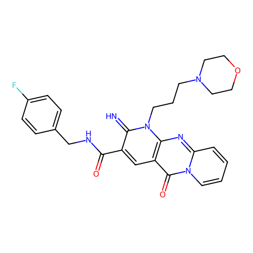 N-[(4-fluorophenyl)methyl]-6-imino-7-(3-morpholin-4-ylpropyl)-2-oxo-1,7,9-triazatricyclo[8.4.0.03,8]tetradeca-3(8),4,9,11,13-pentaene-5-carboxamide structure