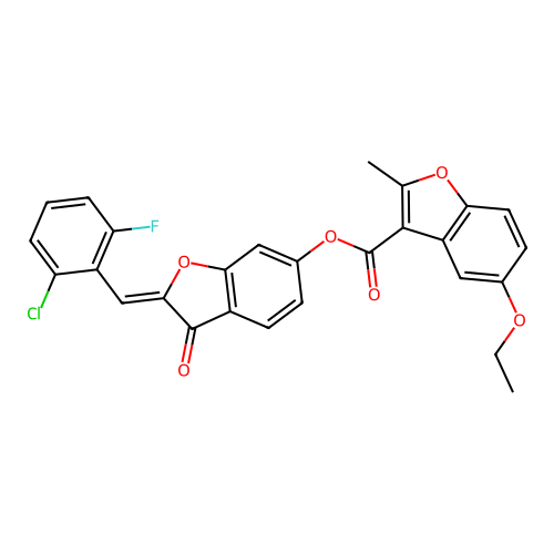 (2Z)-2-(2-chloro-6-fluorobenzylidene)-3-oxo-2,3-dihydro-1-benzofuran-6-yl 5-ethoxy-2-methyl-1-benzofuran-3-carboxylate structure