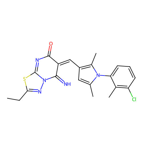 (6E)-6-[[1-(3-chloro-2-methylphenyl)-2,5-dimethylpyrrol-3-yl]methylidene]-2-ethyl-5-imino-[1,3,4]thiadiazolo[3,2-a]pyrimidin-7-one structure