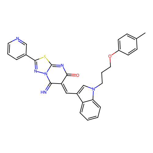 (6Z)-5-imino-6-({1-[3-(4-methylphenoxy)propyl]-1H-indol-3-yl}methylidene)-2-(pyridin-3-yl)-5,6-dihydro-7H-[1,3,4]thiadiazolo[3,2-a]pyrimidin-7-one structure