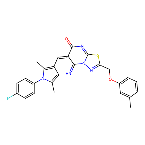 (E)-6-((1-(4-fluorophenyl)-2,5-dimethyl-1H-pyrrol-3-yl)methylene)-5-imino-2-((m-tolyloxy)methyl)-5H-[1,3,4]thiadiazolo[3,2-a]pyrimidin-7(6H)-one structure
