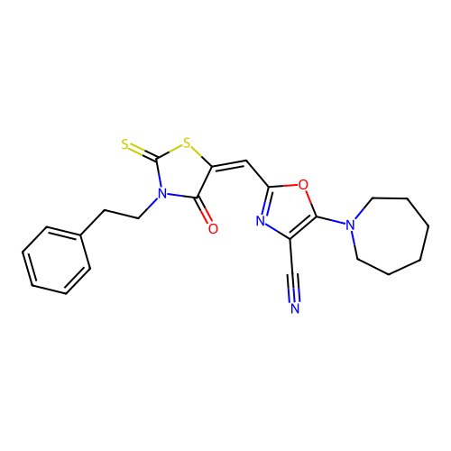 (E)-5-(azepan-1-yl)-2-((4-oxo-3-phenethyl-2-thioxothiazolidin-5-ylidene)methyl)oxazole-4-carbonitrile structure