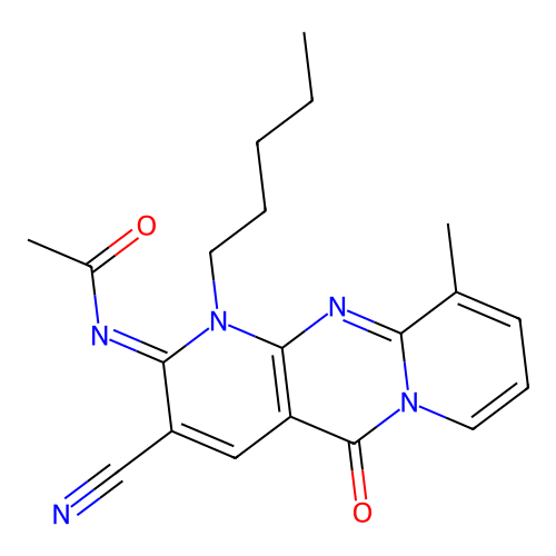 (E)-N-(3-cyano-10-methyl-5-oxo-1-pentyl-1H-dipyrido[1,2-a:2',3'-d]pyrimidin-2(5H)-ylidene)acetamide structure