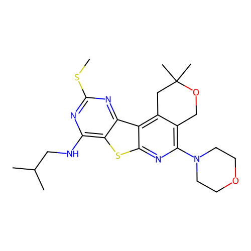 2,2-dimethyl-N-(2-methylpropyl)-10-(methylsulfanyl)-5-(morpholin-4-yl)-1,4-dihydro-2H-pyrano[4'',3'':4',5']pyrido[3',2':4,5]thieno[3,2-d]pyrimidin-8-amine structure
