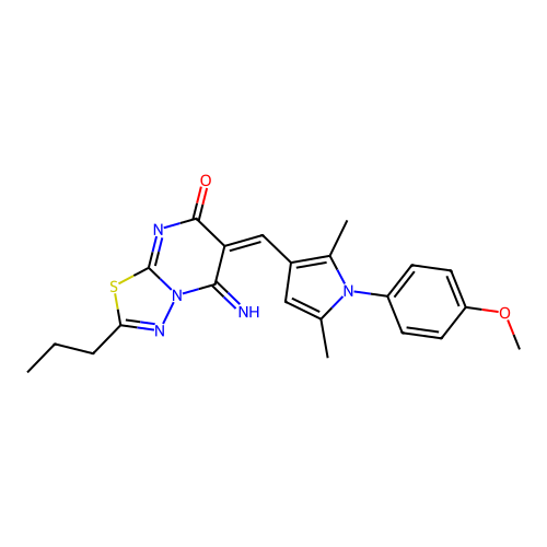 (6E)-5-imino-6-[[1-(4-methoxyphenyl)-2,5-dimethylpyrrol-3-yl]methylidene]-2-propyl-[1,3,4]thiadiazolo[3,2-a]pyrimidin-7-one structure