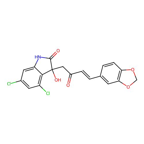3-[(E)-4-(1,3-benzodioxol-5-yl)-2-oxobut-3-enyl]-4,6-dichloro-3-hydroxy-1H-indol-2-one structure