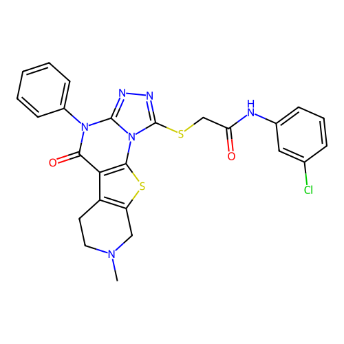 N-(3-chlorophenyl)-2-((8-methyl-5-oxo-4-phenyl-4,5,6,7,8,9-hexahydropyrido[4',3':4,5]thieno[3,2-e][1,2,4]triazolo[4,3-a]pyrimidin-1-yl)thio)acetamide structure