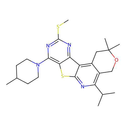 2,2-dimethyl-8-(4-methylpiperidin-1-yl)-10-(methylsulfanyl)-5-(propan-2-yl)-1,4-dihydro-2H-pyrano[4'',3'':4',5']pyrido[3',2':4,5]thieno[3,2-d]pyrimidine structure
