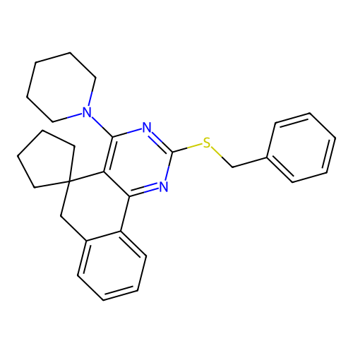 2-(benzylsulfanyl)-4-(piperidin-1-yl)-6H-spiro[benzo[h]quinazoline-5,1'-cyclopentane] structure