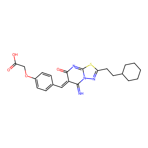 (Z)-2-(4-((2-(2-cyclohexylethyl)-5-imino-7-oxo-5H-[1,3,4]thiadiazolo[3,2-a]pyrimidin-6(7H)-ylidene)methyl)phenoxy)acetic acid structure