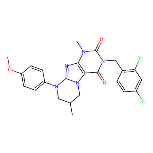 3-(2,4-dichlorobenzyl)-9-(4-methoxyphenyl)-1,7-dimethyl-6,7,8,9-tetrahydropyrimido[2,1-f]purine-2,4(1H,3H)-dione structure