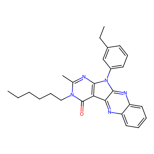 11-(3-ethylphenyl)-3-hexyl-2-methyl-3,11-dihydro-4H-pyrimido[5',4':4,5]pyrrolo[2,3-b]quinoxalin-4-one structure