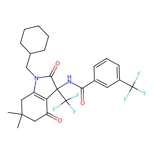 N-(1-(cyclohexylmethyl)-6,6-dimethyl-2,4-dioxo-3-(trifluoromethyl)-2,3,4,5,6,7-hexahydro-1H-indol-3-yl)-3-(trifluoromethyl)benzamide structure