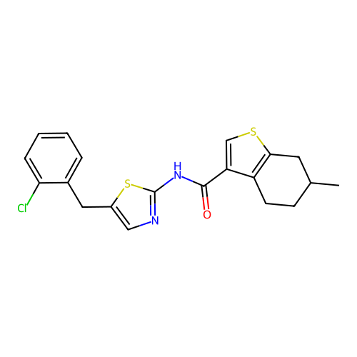 N-[5-(2-chlorobenzyl)-1,3-thiazol-2-yl]-6-methyl-4,5,6,7-tetrahydro-1-benzothiophene-3-carboxamide structure
