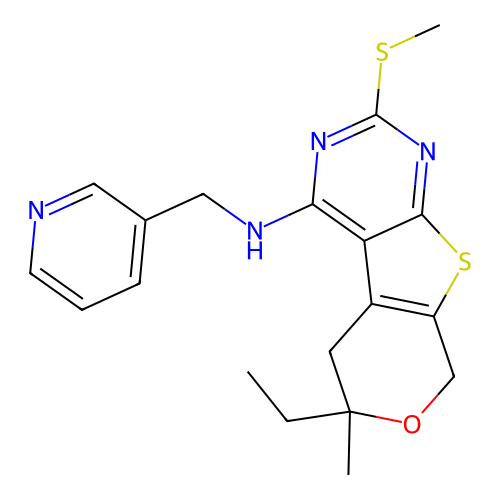 6-ethyl-6-methyl-2-(methylsulfanyl)-N-(pyridin-3-ylmethyl)-5,8-dihydro-6H-pyrano[4',3':4,5]thieno[2,3-d]pyrimidin-4-amine structure