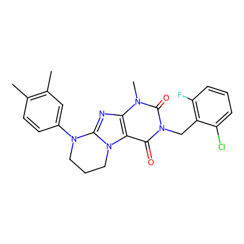 3-(2-chloro-6-fluorobenzyl)-9-(3,4-dimethylphenyl)-1-methyl-6,7,8,9-tetrahydropyrimido[2,1-f]purine-2,4(1H,3H)-dione structure
