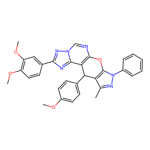 2-(3,4-dimethoxyphenyl)-11-(4-methoxyphenyl)-10-methyl-8-phenyl-8,11-dihydropyrazolo[4',3':5,6]pyrano[3,2-e][1,2,4]triazolo[1,5-c]pyrimidine structure