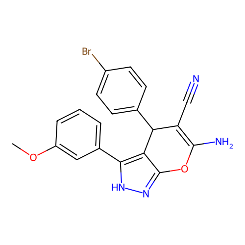 6-amino-4-(4-bromophenyl)-3-(3-methoxyphenyl)-2,4-dihydropyrano[2,3-c]pyrazole-5-carbonitrile structure
