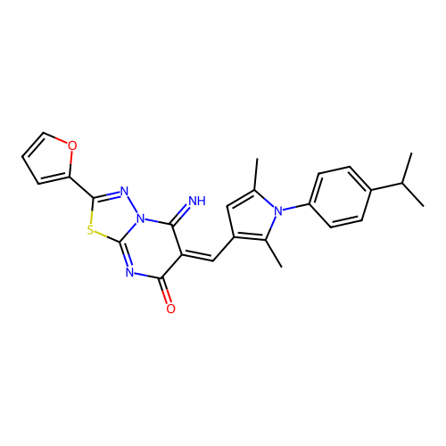 (E)-2-(furan-2-yl)-5-imino-6-((1-(4-isopropylphenyl)-2,5-dimethyl-1H-pyrrol-3-yl)methylene)-5H-[1,3,4]thiadiazolo[3,2-a]pyrimidin-7(6H)-one structure
