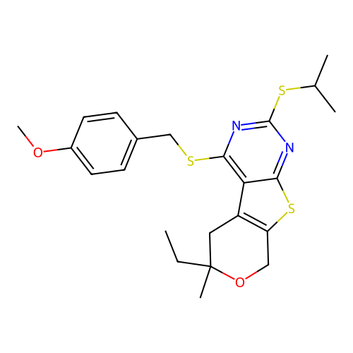 6-ethyl-2-(isopropylthio)-4-((4-methoxybenzyl)thio)-6-methyl-6,8-dihydro-5H-pyrano[4',3':4,5]thieno[2,3-d]pyrimidine structure