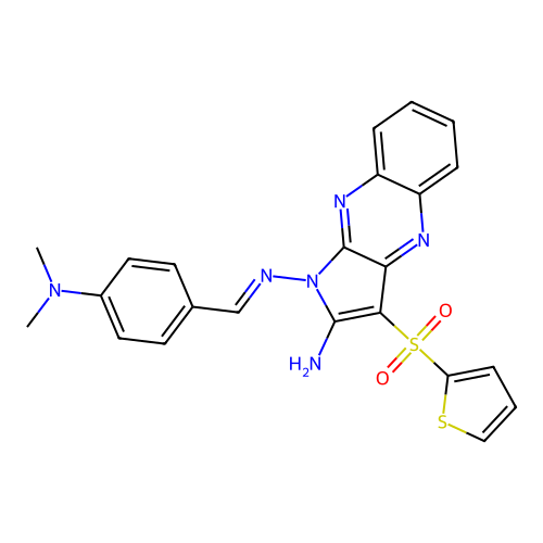 (E)-N1-(4-(dimethylamino)benzylidene)-3-(thiophen-2-ylsulfonyl)-1H-pyrrolo[2,3-b]quinoxaline-1,2-diamine structure