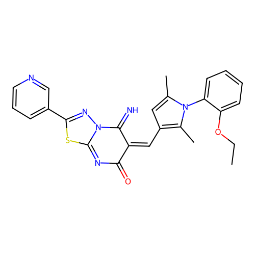 (E)-6-((1-(2-ethoxyphenyl)-2,5-dimethyl-1H-pyrrol-3-yl)methylene)-5-imino-2-(pyridin-3-yl)-5H-[1,3,4]thiadiazolo[3,2-a]pyrimidin-7(6H)-one structure