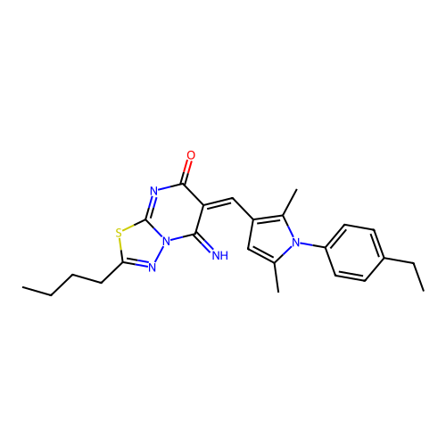 (E)-2-butyl-6-((1-(4-ethylphenyl)-2,5-dimethyl-1H-pyrrol-3-yl)methylene)-5-imino-5H-[1,3,4]thiadiazolo[3,2-a]pyrimidin-7(6H)-one structure