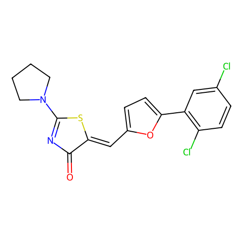 (Z)-5-((5-(2,5-dichlorophenyl)furan-2-yl)methylene)-2-(pyrrolidin-1-yl)thiazol-4(5H)-one structure