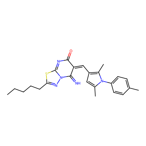 (6E)-6-[[2,5-dimethyl-1-(4-methylphenyl)pyrrol-3-yl]methylidene]-5-imino-2-pentyl-[1,3,4]thiadiazolo[3,2-a]pyrimidin-7-one structure