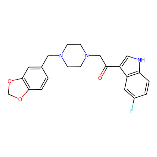 2-[4-(1,3-benzodioxol-5-ylmethyl)piperazin-1-yl]-1-(5-fluoro-1H-indol-3-yl)ethanone structure