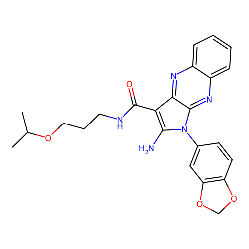 2-amino-1-(benzo[d][1,3]dioxol-5-yl)-N-(3-isopropoxypropyl)-1H-pyrrolo[2,3-b]quinoxaline-3-carboxamide structure